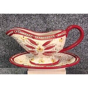 Temp-Tations by Tara Gravy Boat & Dish~ Old World Red Basketweave~9 oz